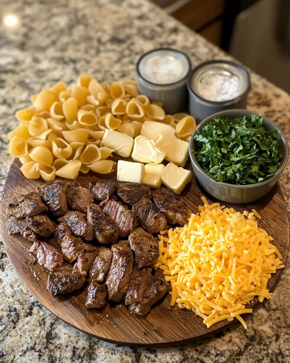 Ingredients for Sizzle and Savory: Cajun Steak Bites Meet Cheesy Garlic Shells in One Skillet Delight