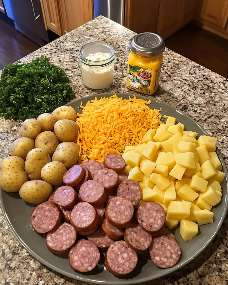 Ingredients for Irresistible Cheesy Ranch Potatoes and Smoked Sausage Delight