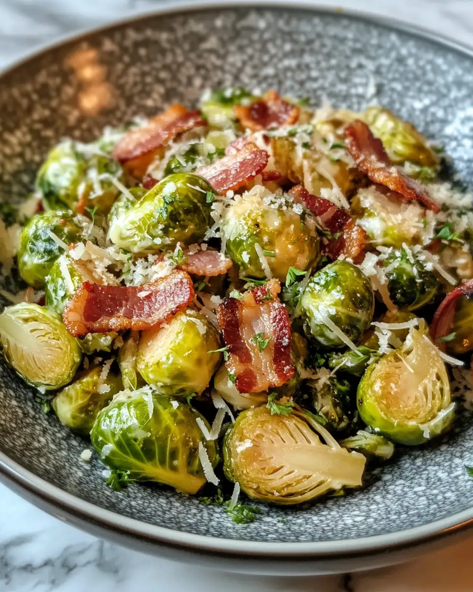 Final dish - Irresistibly Creamy Garlic Parmesan Brussel Sprouts with Crispy Bacon Delight