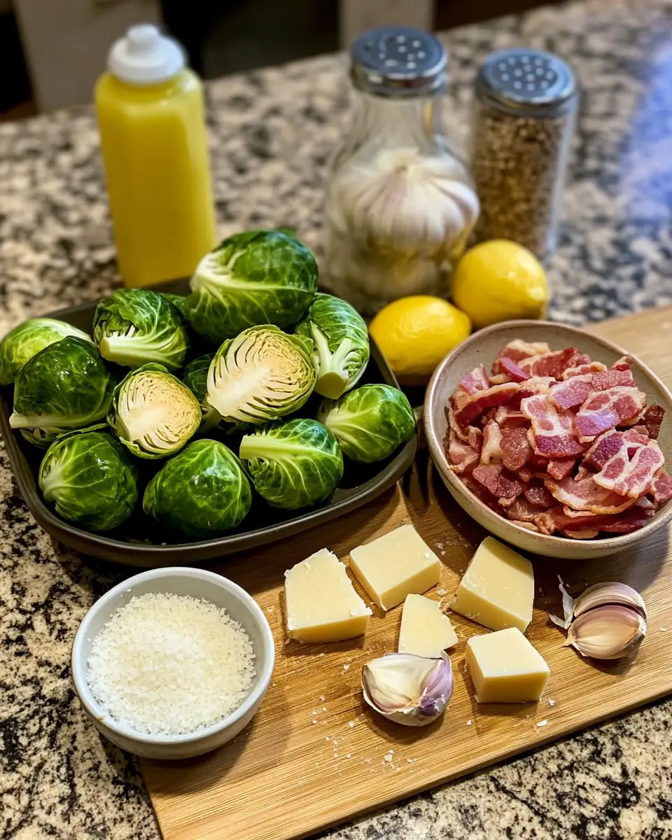 Ingredients for Irresistibly Creamy Garlic Parmesan Brussel Sprouts with Crispy Bacon Delight