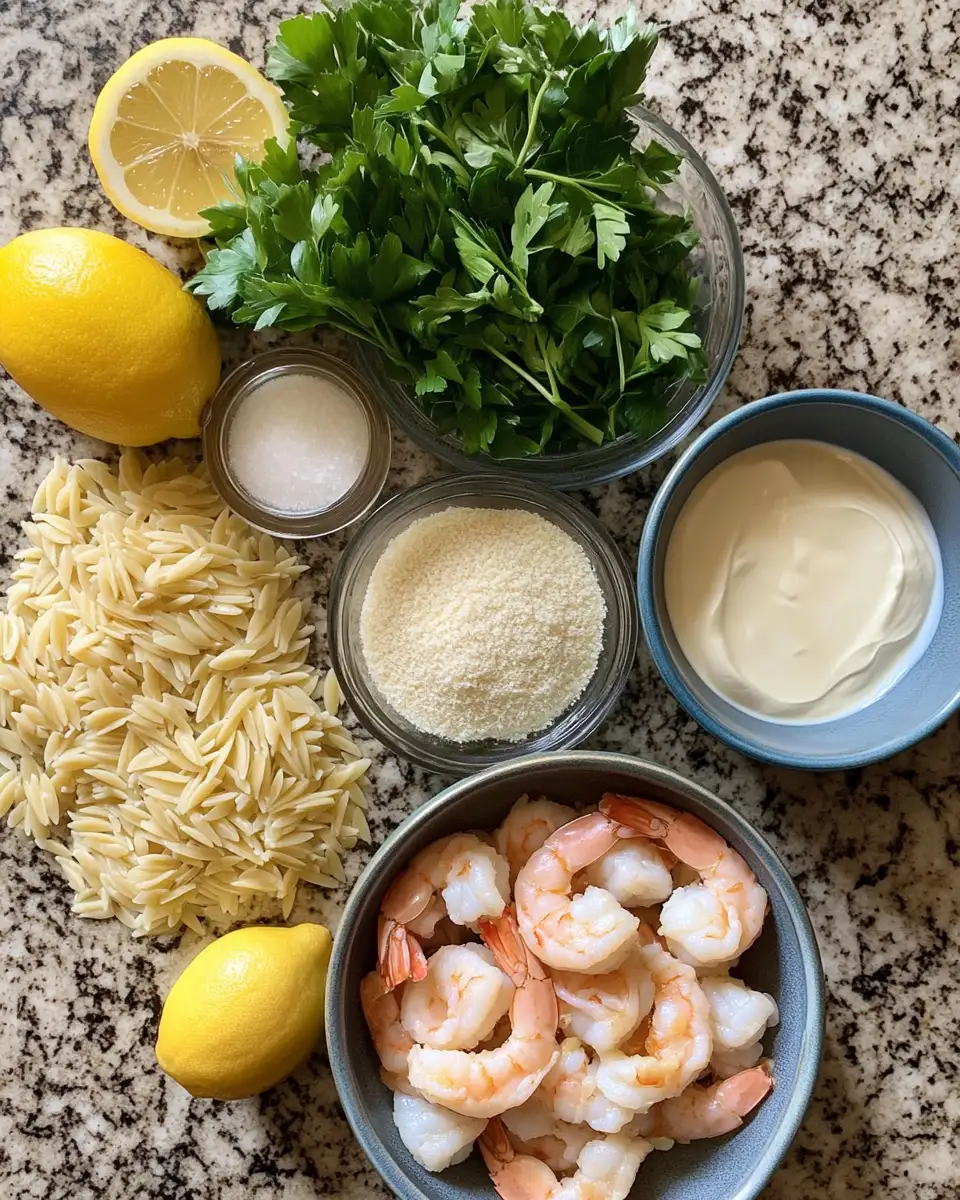 Zesty Indulgence: Creamy Lemon Garlic Shrimp Orzo Delight 4 Ingredients for Zesty Indulgence: Creamy Lemon Garlic Shrimp Orzo Delight