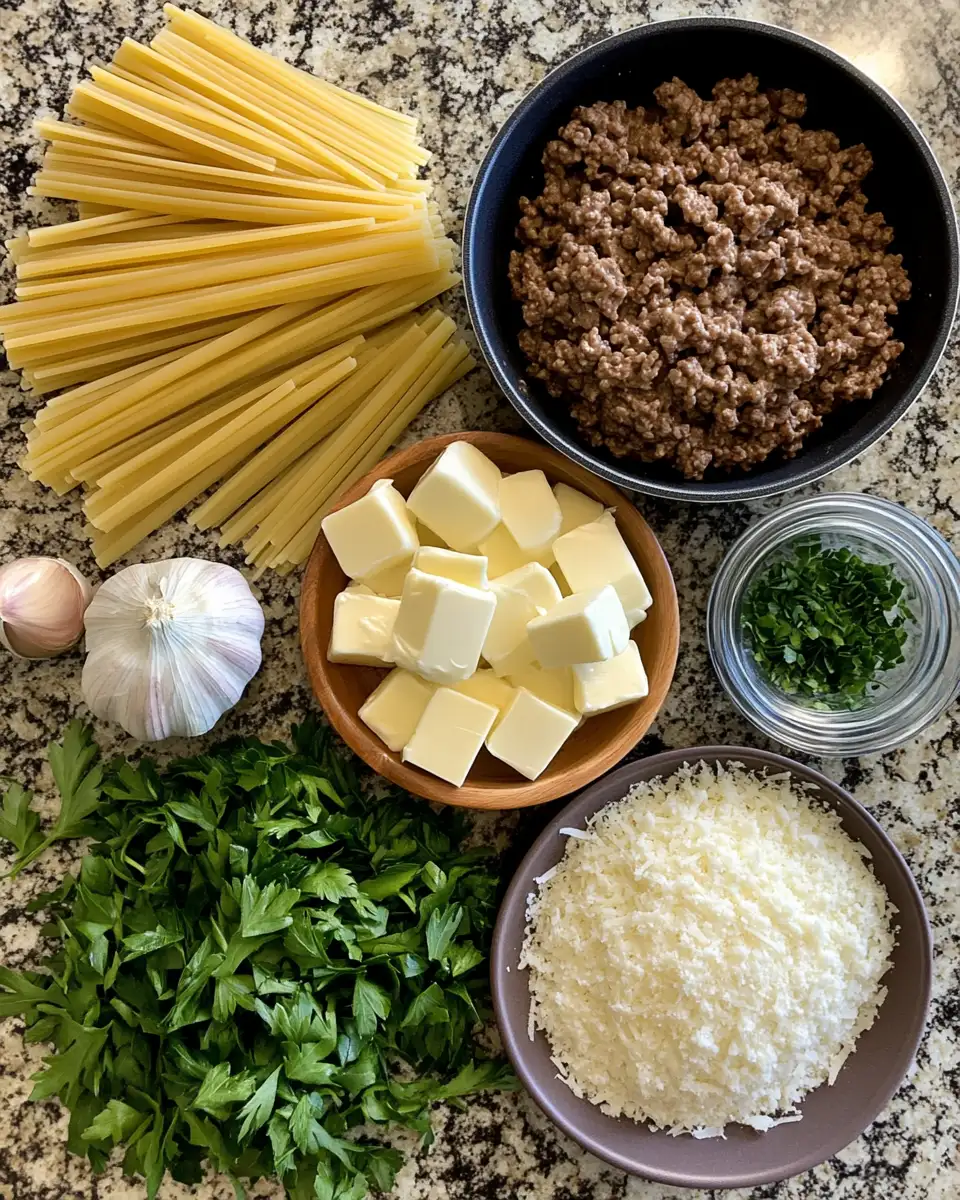 Ingredients for Irresistibly Creamy One-Pot Beef Pasta with Garlic Butter Delight