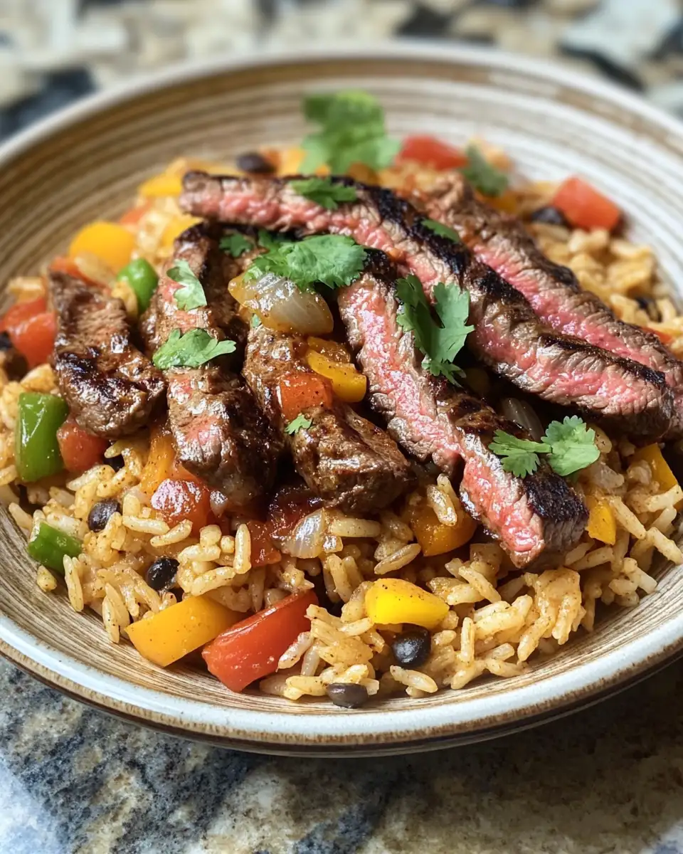 Final dish - Indulge in Creamy Queso Rice and Juicy Steak Strips Bliss