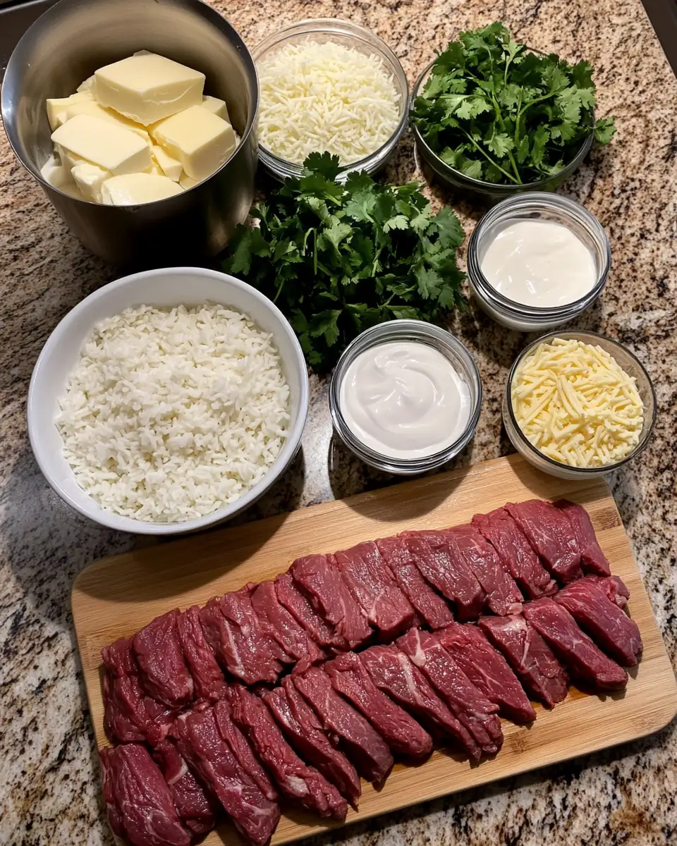 Ingredients for Indulge in Creamy Queso Rice and Juicy Steak Strips Bliss
