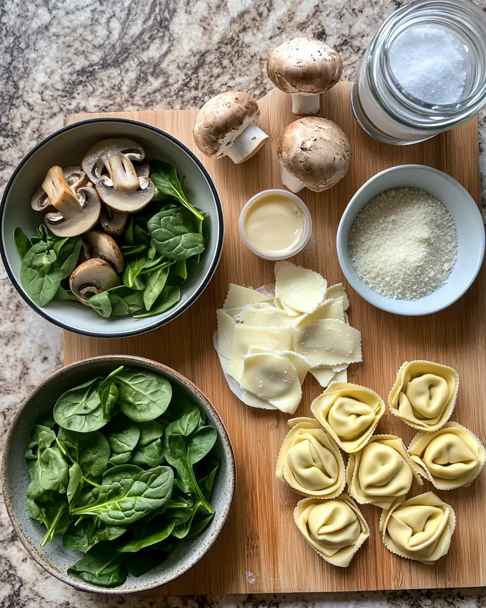 Indulge in Comfort: Creamy Spinach and Mushroom Tortellini Skillet Delight 4 Ingredients for Indulge in Comfort: Creamy Spinach and Mushroom Tortellini Skillet Delight