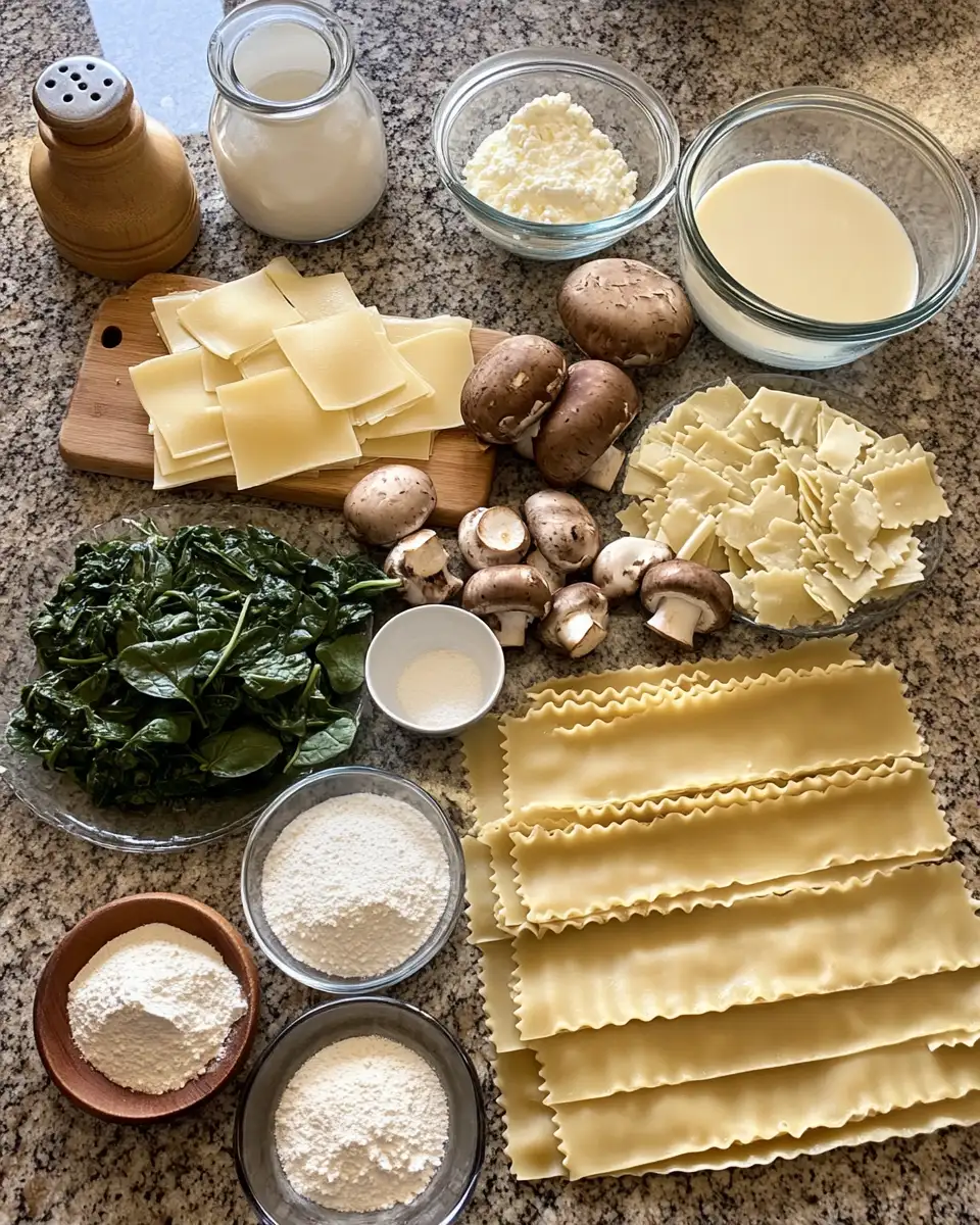 Unleash Comfort with Our Creamy Spinach & Mushroom Lasagna Delight 4 Ingredients for Unleash Comfort with Our Creamy Spinach & Mushroom Lasagna Delight