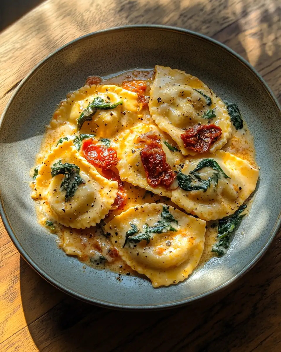 Final dish - Indulge in the Irresistible Flavors of Creamy Sun-Dried Tomato & Spinach Ravioli