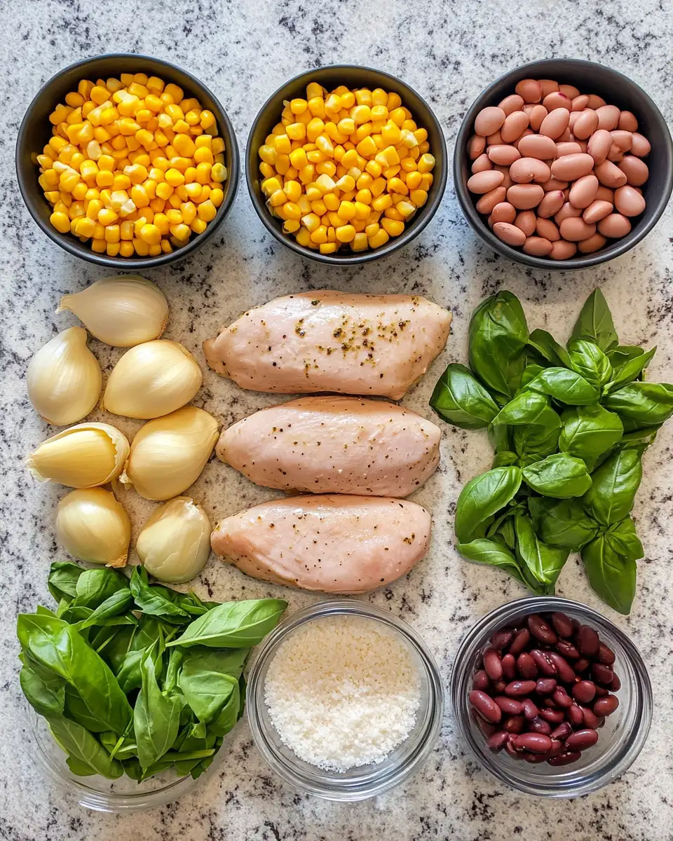 Ingredients for Zesty Fresh Basil Pesto Chicken with Vibrant Corn & Bean Salsa