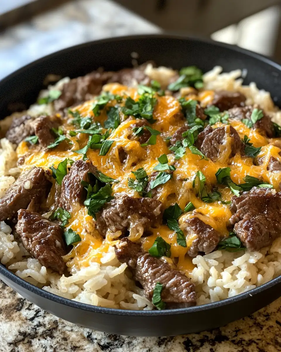 Final dish - Sizzle and Savory: Garlic Butter Beef and Rice Skillet with Cheddar Parmesan Sauce
