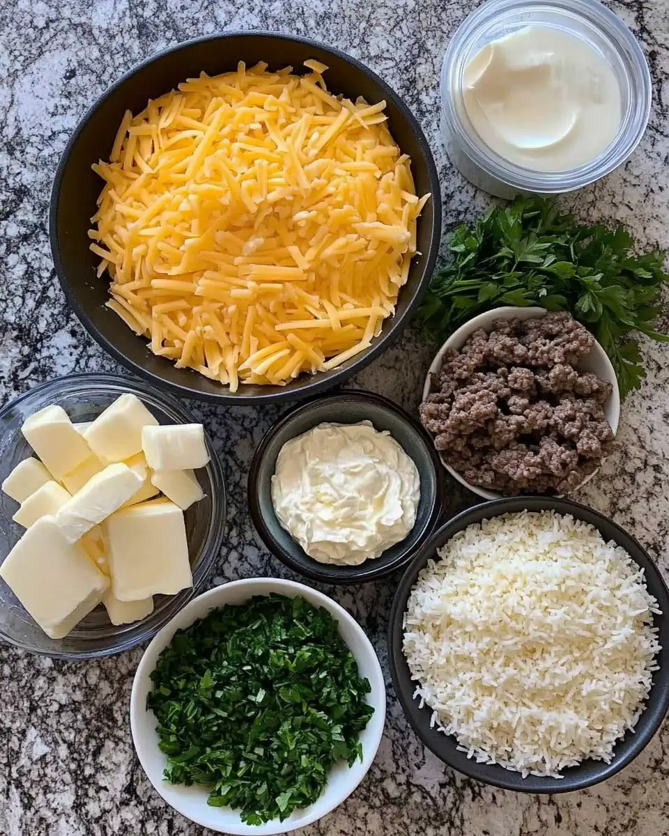 Ingredients for Sizzle and Savory: Garlic Butter Beef and Rice Skillet with Cheddar Parmesan Sauce