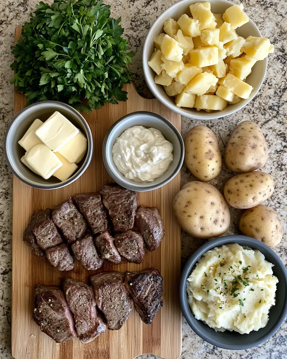 Sizzling Garlic Butter Steak Bites Meet Creamy Cheesy Mashed Potatoes 4 Ingredients for Sizzling Garlic Butter Steak Bites Meet Creamy Cheesy Mashed Potatoes