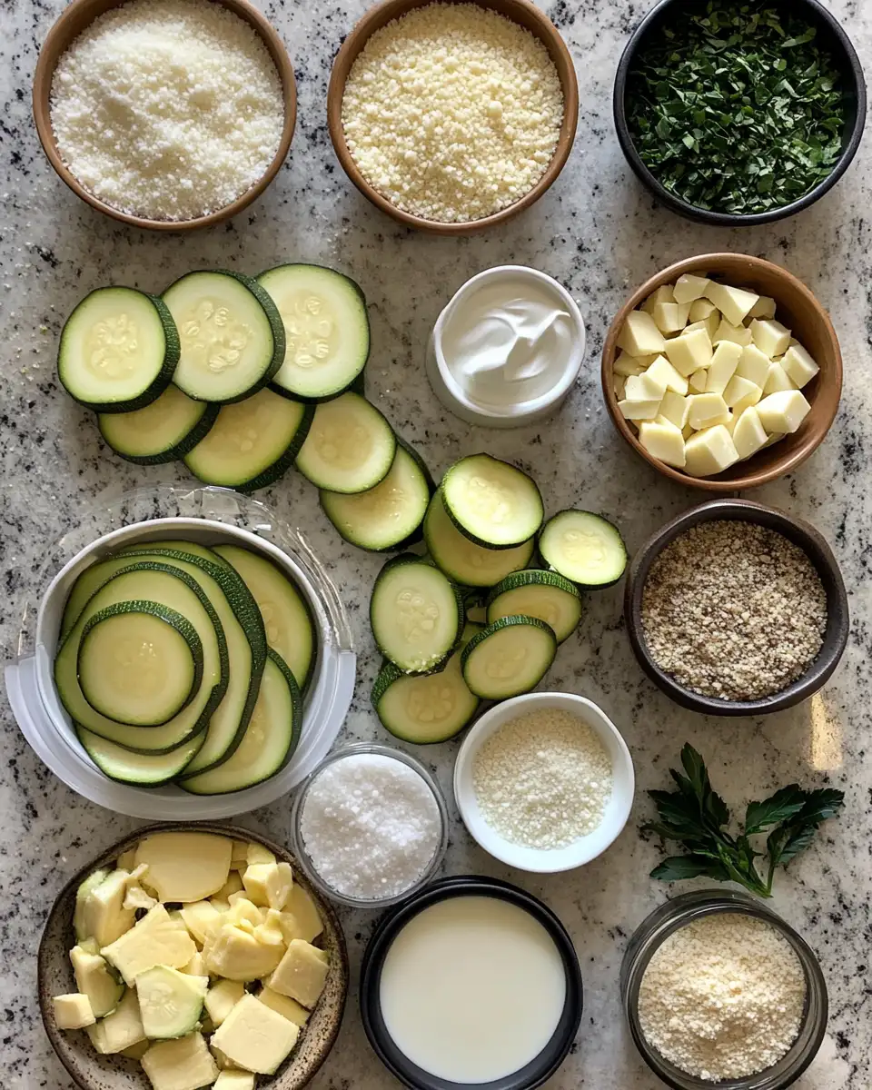 Ingredients for Irresistibly Cheesy Garlic Parmesan Zucchini Casserole Delight