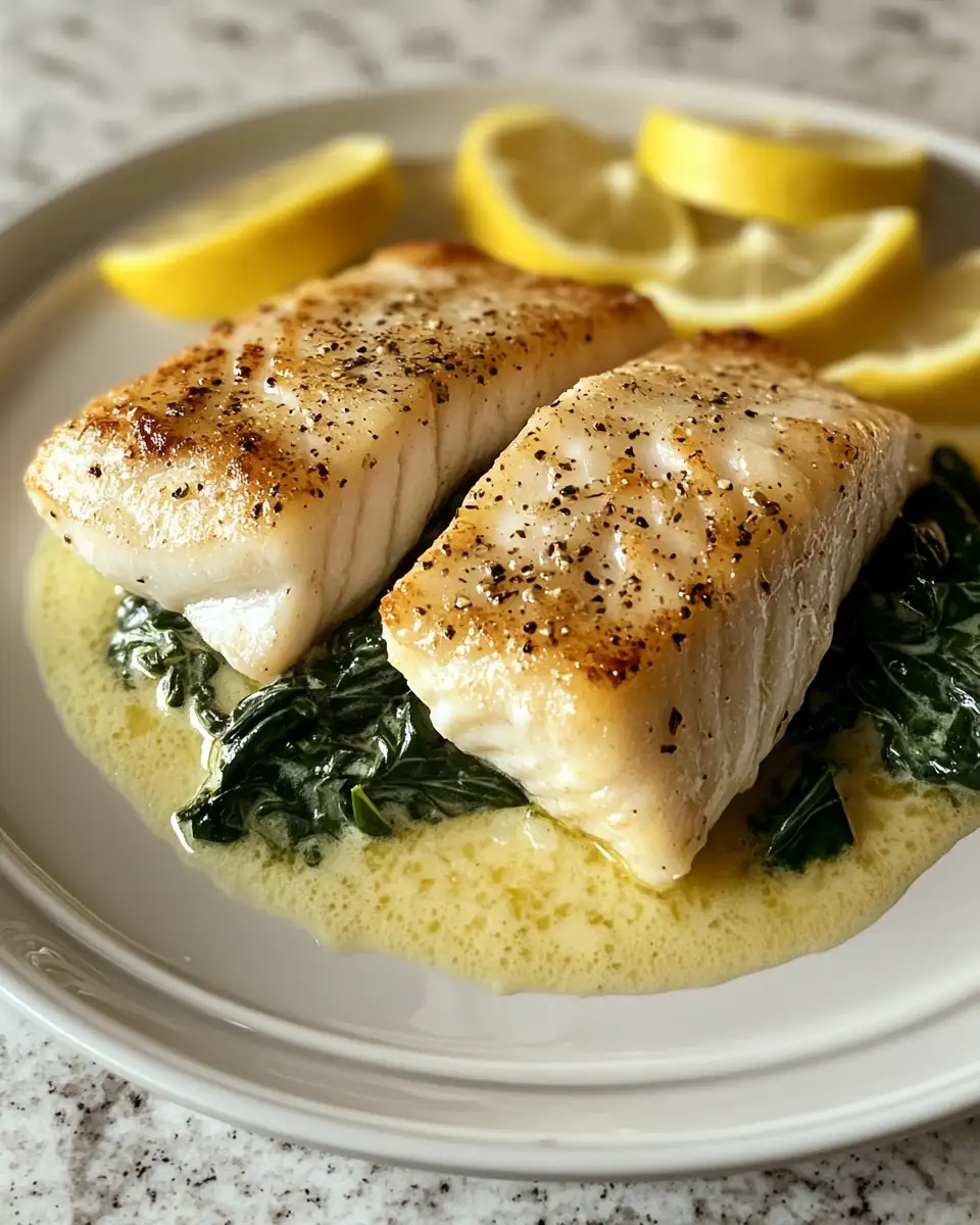 Zesty Lemon-Garlic Sea Bass Meets Luxurious Creamed Spinach Delight 6 Final dish - Zesty Lemon-Garlic Sea Bass Meets Luxurious Creamed Spinach Delight