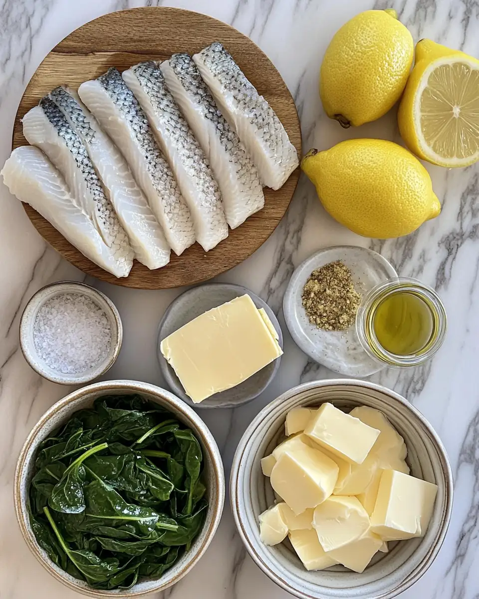 Zesty Lemon-Garlic Sea Bass Meets Luxurious Creamed Spinach Delight 4 Ingredients for Zesty Lemon-Garlic Sea Bass Meets Luxurious Creamed Spinach Delight