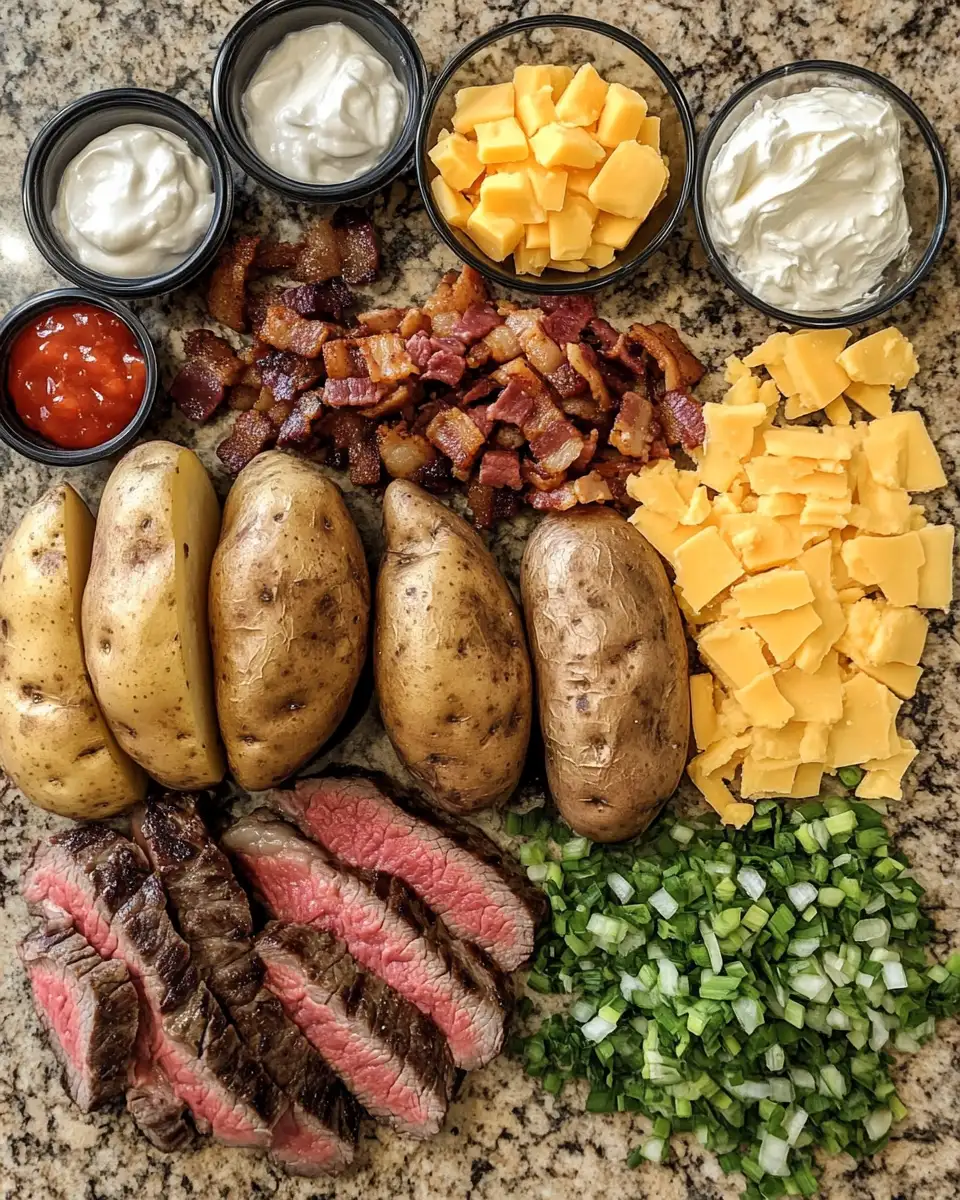 Ingredients for Ultimate Loaded Baked Potato with Steak Delight
