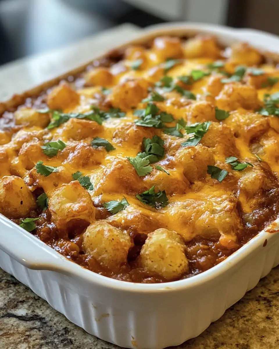 Ultimate Comfort: Loaded Chili Cheese Tater Tot Casserole Delight 6 Final dish - Ultimate Comfort: Loaded Chili Cheese Tater Tot Casserole Delight