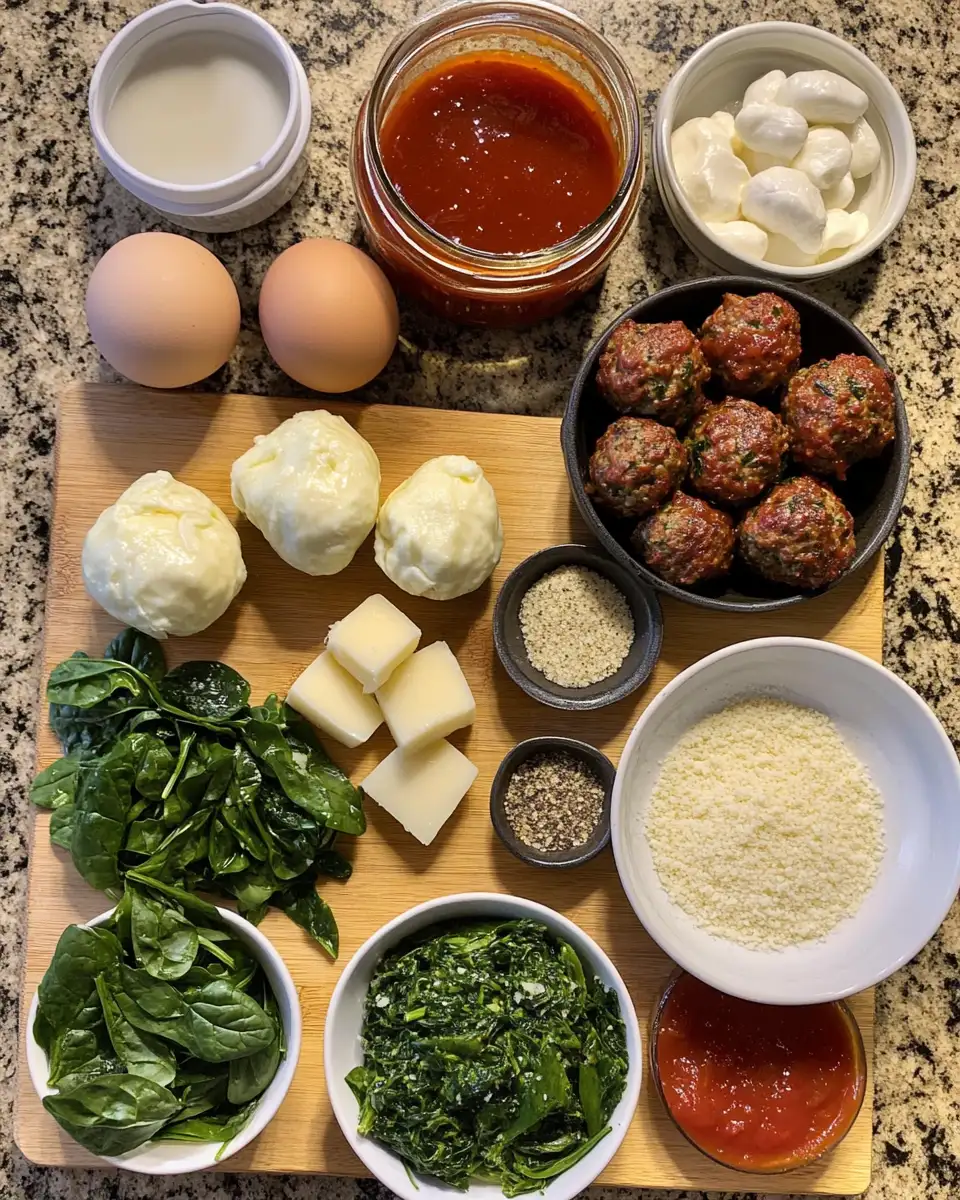 Ingredients for Mouthwatering Spinach Garlic Meatballs Stuffed with Melty Mozzarella