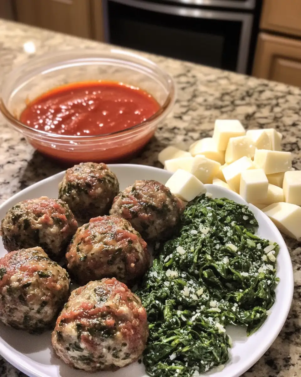 Ingredients for Melt-in-Your-Mouth Spinach Garlic Meatballs Stuffed with Mozzarella Delight