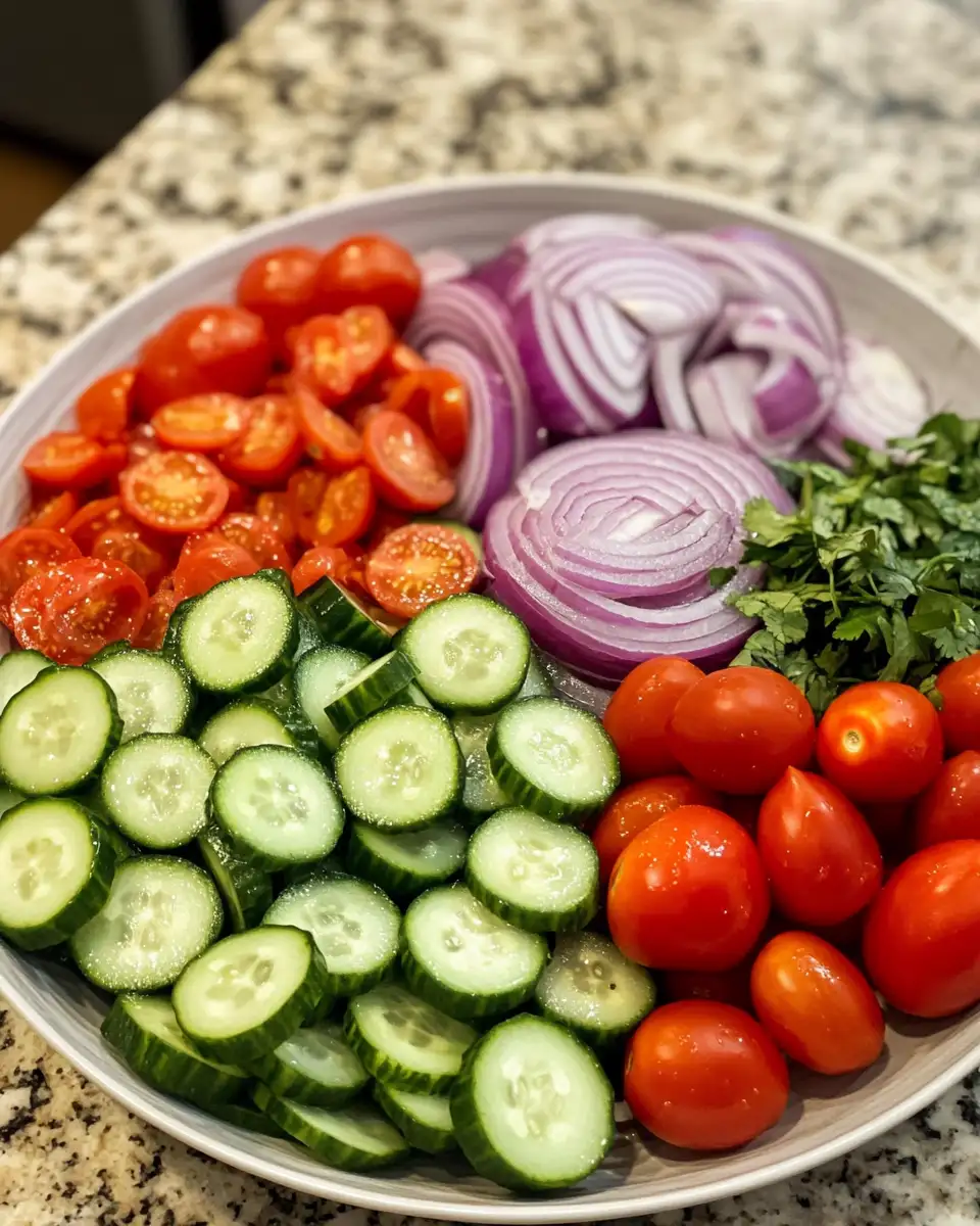 Ingredients for Zesty Flavors Unleashed: Tangy Marinated Cucumbers Onions and Tomatoes Salad Recipe