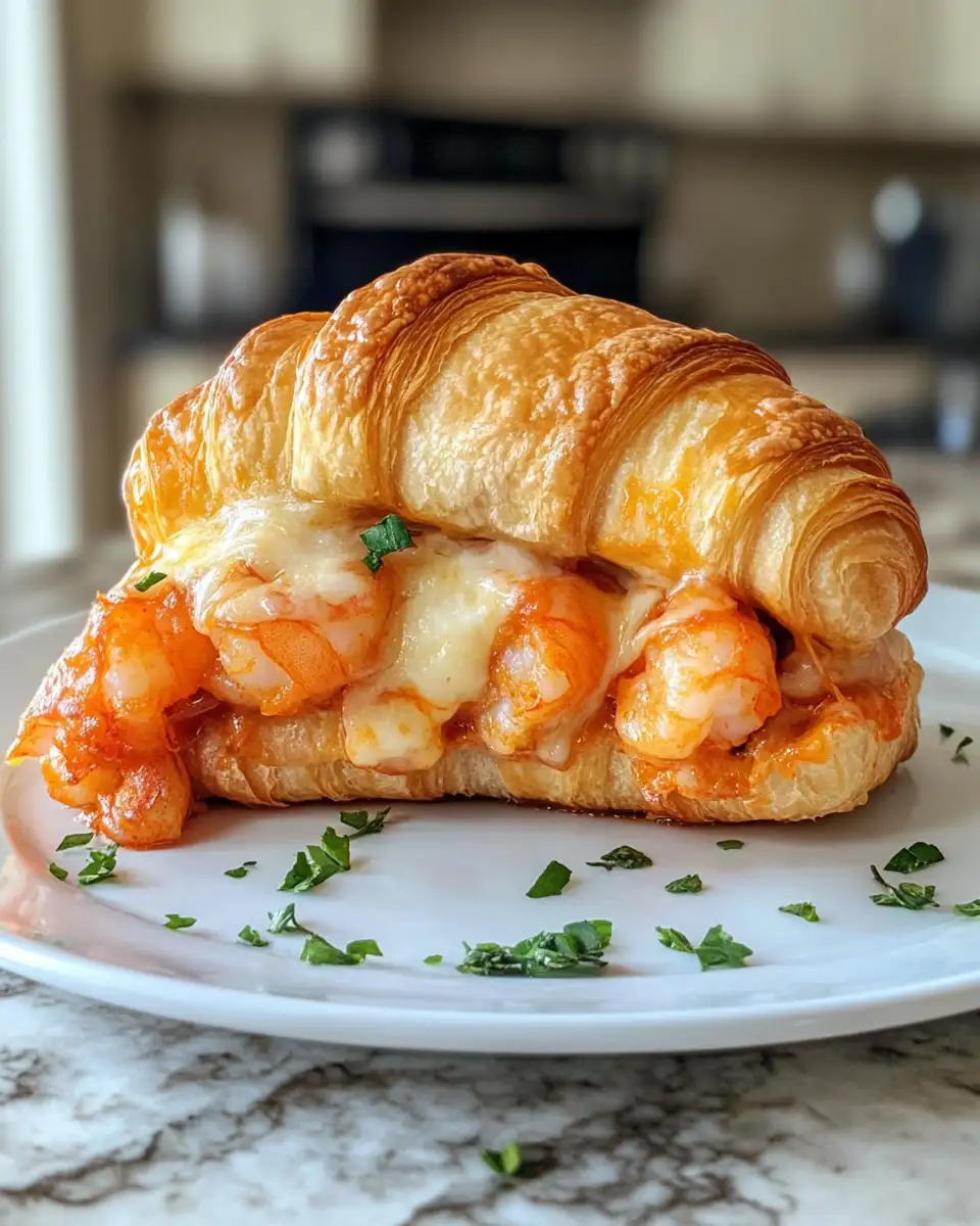 Final dish - Towering Delights: Buffalo Shrimp & Cheese Croissant Melt Extravaganza