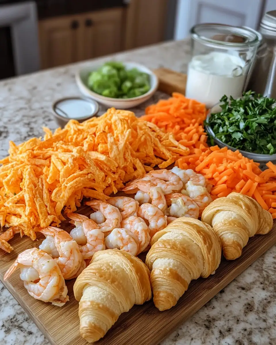 Ingredients for Towering Delights: Buffalo Shrimp & Cheese Croissant Melt Extravaganza