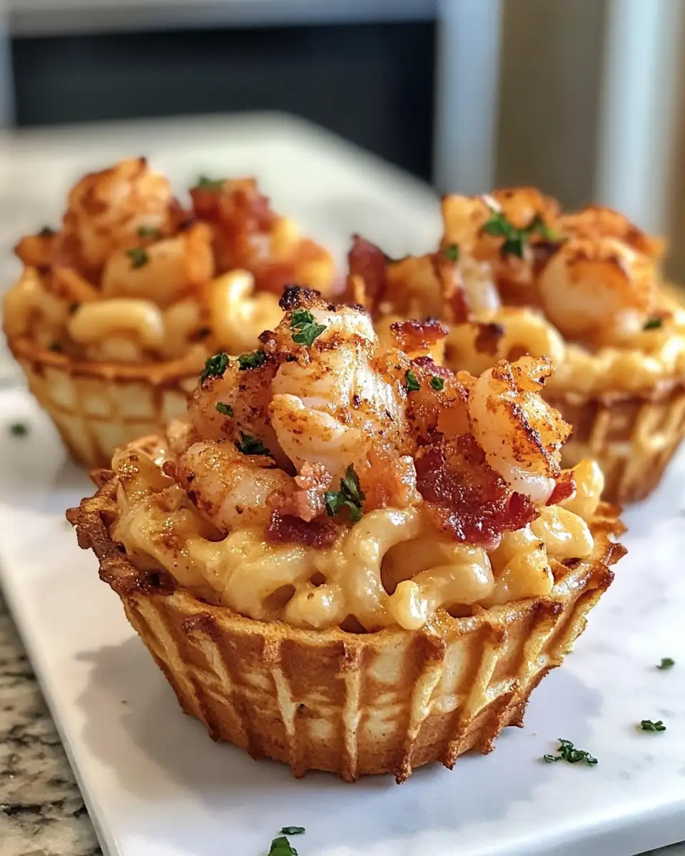 Final dish - Irresistible Cajun Lobster & Bacon Mac Croissant Waffle Cups for the Ultimate Comfort Food Experience