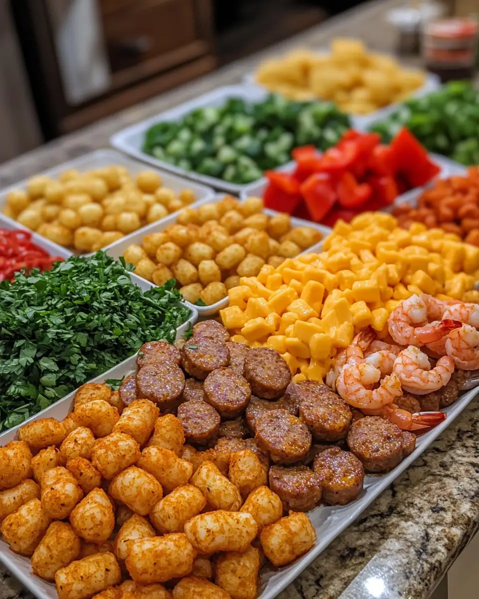 Ingredients for Sizzling Cajun Sausage, Shrimp & Potato Tater Bake Melts: A Flavor Explosion
