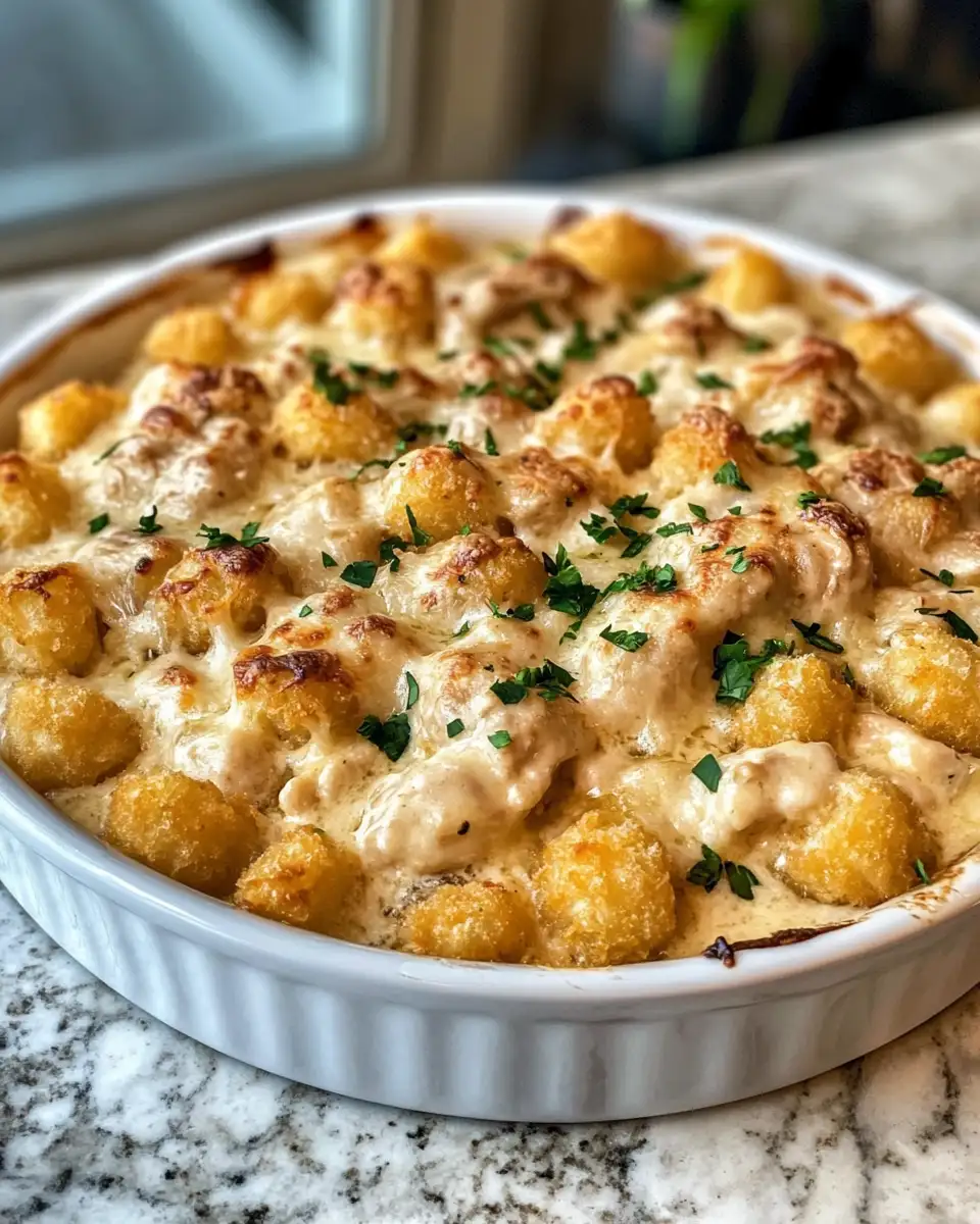 Final dish - Ultimate Comfort: Chicken Alfredo Tater Tot Casserole Delight