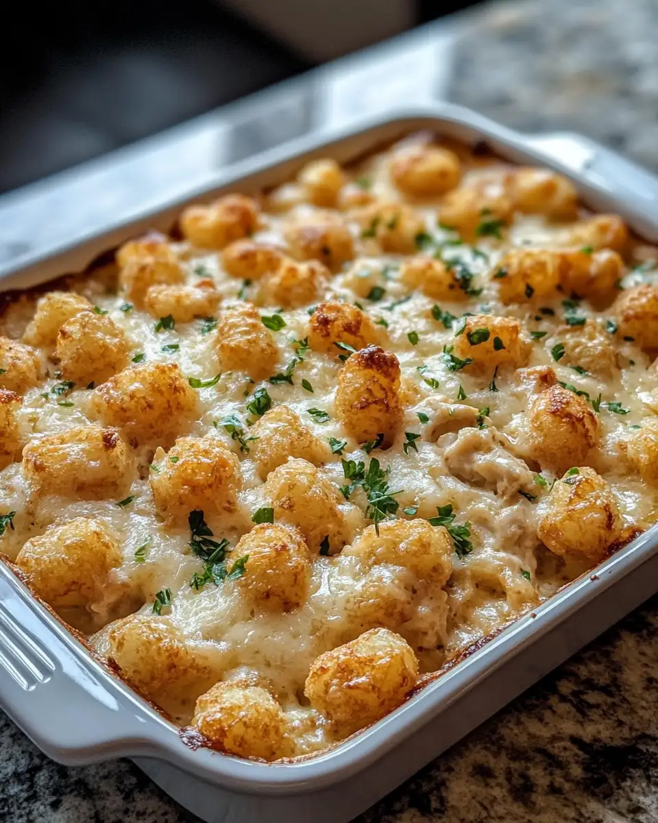 Irresistible Comfort: Chicken Alfredo Tater Tot Casserole 6 Final dish - Irresistible Comfort: Chicken Alfredo Tater Tot Casserole