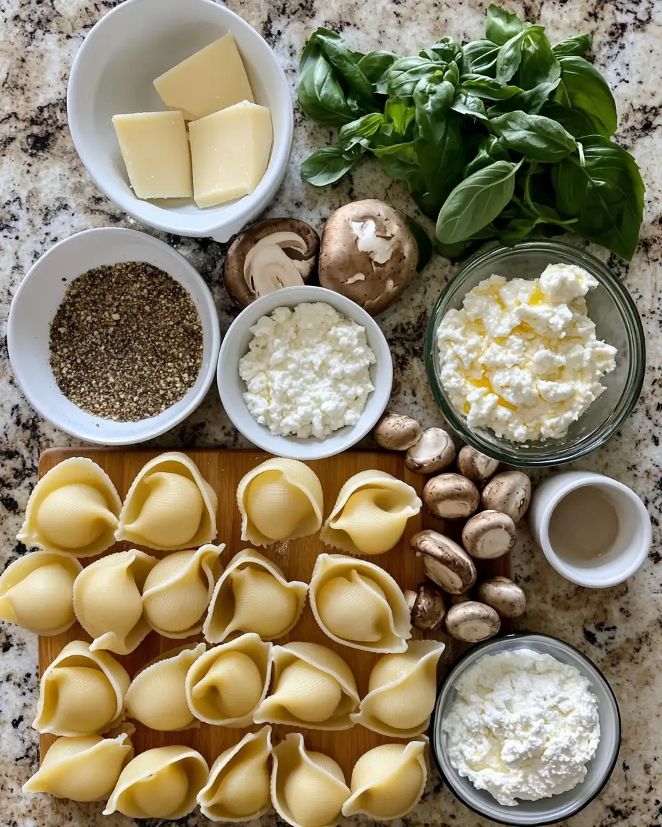 Indulge in Comfort: Creamy Garlic Mushroom Stuffed Shells Delight 4 Ingredients for Indulge in Comfort: Creamy Garlic Mushroom Stuffed Shells Delight