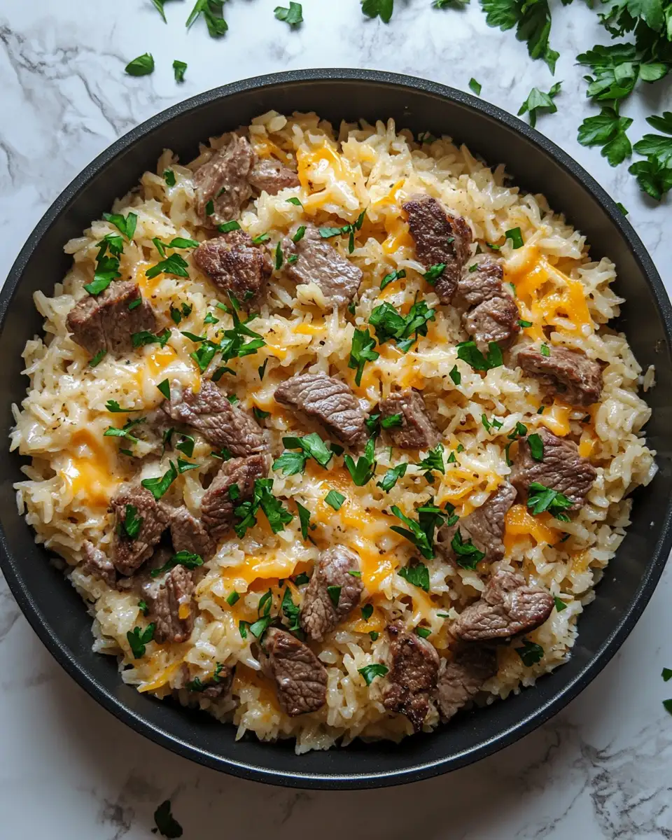 One-Pan Wonder: Garlic Butter Beef and Rice Skillet with Creamy Cheddar Parmesan Sauce 6 Final dish - One-Pan Wonder: Garlic Butter Beef and Rice Skillet with Creamy Cheddar Parmesan Sauce