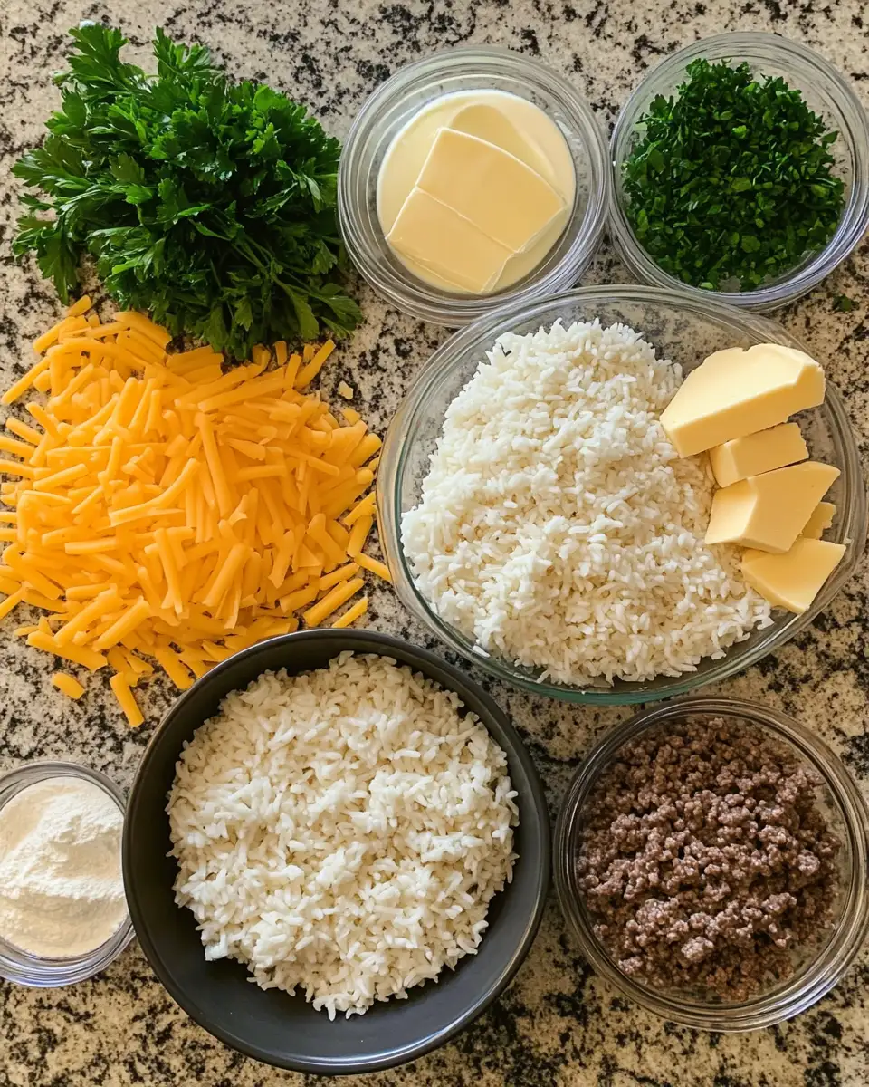One-Pan Wonder: Garlic Butter Beef and Rice Skillet with Creamy Cheddar Parmesan Sauce 4 Ingredients for One-Pan Wonder: Garlic Butter Beef and Rice Skillet with Creamy Cheddar Parmesan Sauce