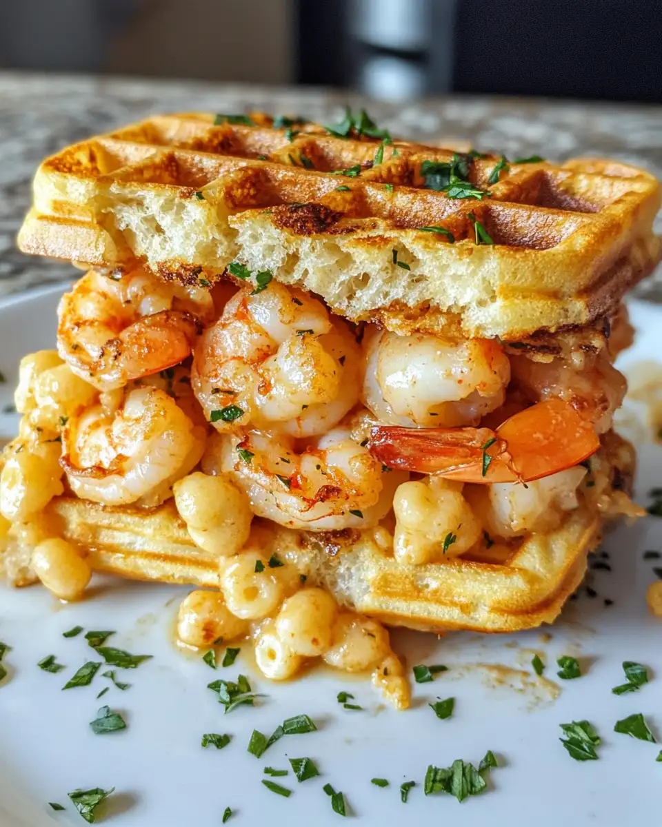 Epic Garlic Butter Shrimp & Mac Waffle Sandwich Bombs Explosion 6 Final dish - Epic Garlic Butter Shrimp & Mac Waffle Sandwich Bombs Explosion