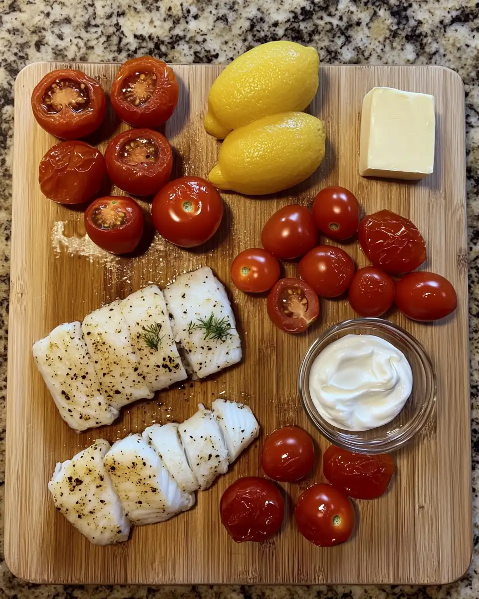 Savor the Flavor: Grilled Cod with Roasted Tomatoes & Creamy Dill Sauce 4 Ingredients for Savor the Flavor: Grilled Cod with Roasted Tomatoes & Creamy Dill Sauce