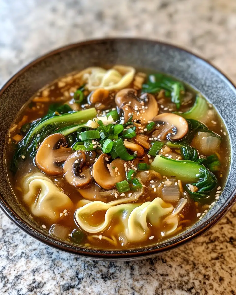 Warm Your Soul with Hearty Potsticker Soup Featuring Mushrooms & Bok Choy 6 Final dish - Warm Your Soul with Hearty Potsticker Soup Featuring Mushrooms & Bok Choy