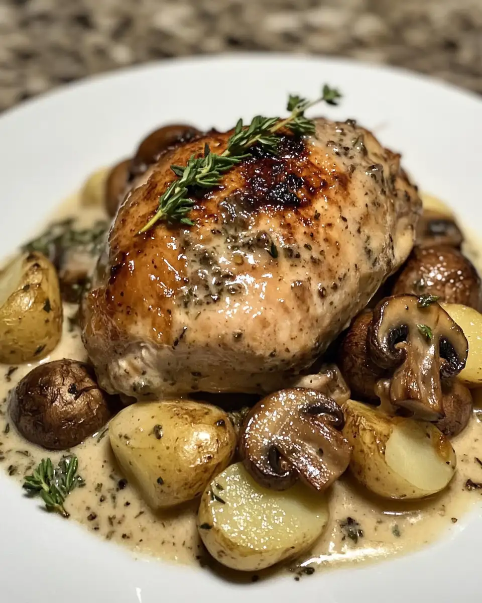 Final dish - Savory Herb Roasted Chicken with Creamy White Sauce, Mushrooms, and Potatoes Delight