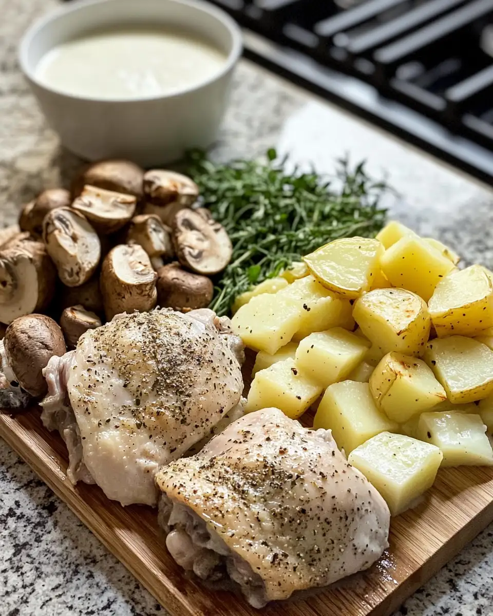 Ingredients for Savory Herb Roasted Chicken with Creamy White Sauce, Mushrooms, and Potatoes Delight