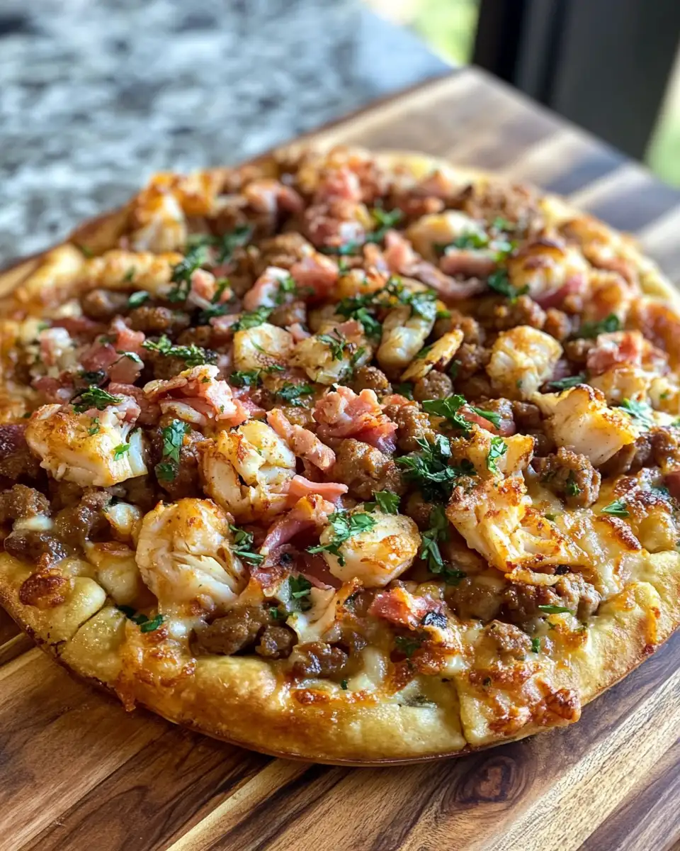 Smothered Cajun Crab & Sausage Waffle Pizza: A Southern Twist on Comfort Food Fusion 6 Final dish - Smothered Cajun Crab & Sausage Waffle Pizza: A Southern Twist on Comfort Food Fusion