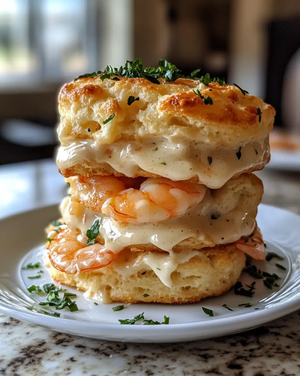 Towering Triple-Cheese Shrimp Alfredo Biscuit Stackers Delight 6 Final dish - Towering Triple-Cheese Shrimp Alfredo Biscuit Stackers Delight
