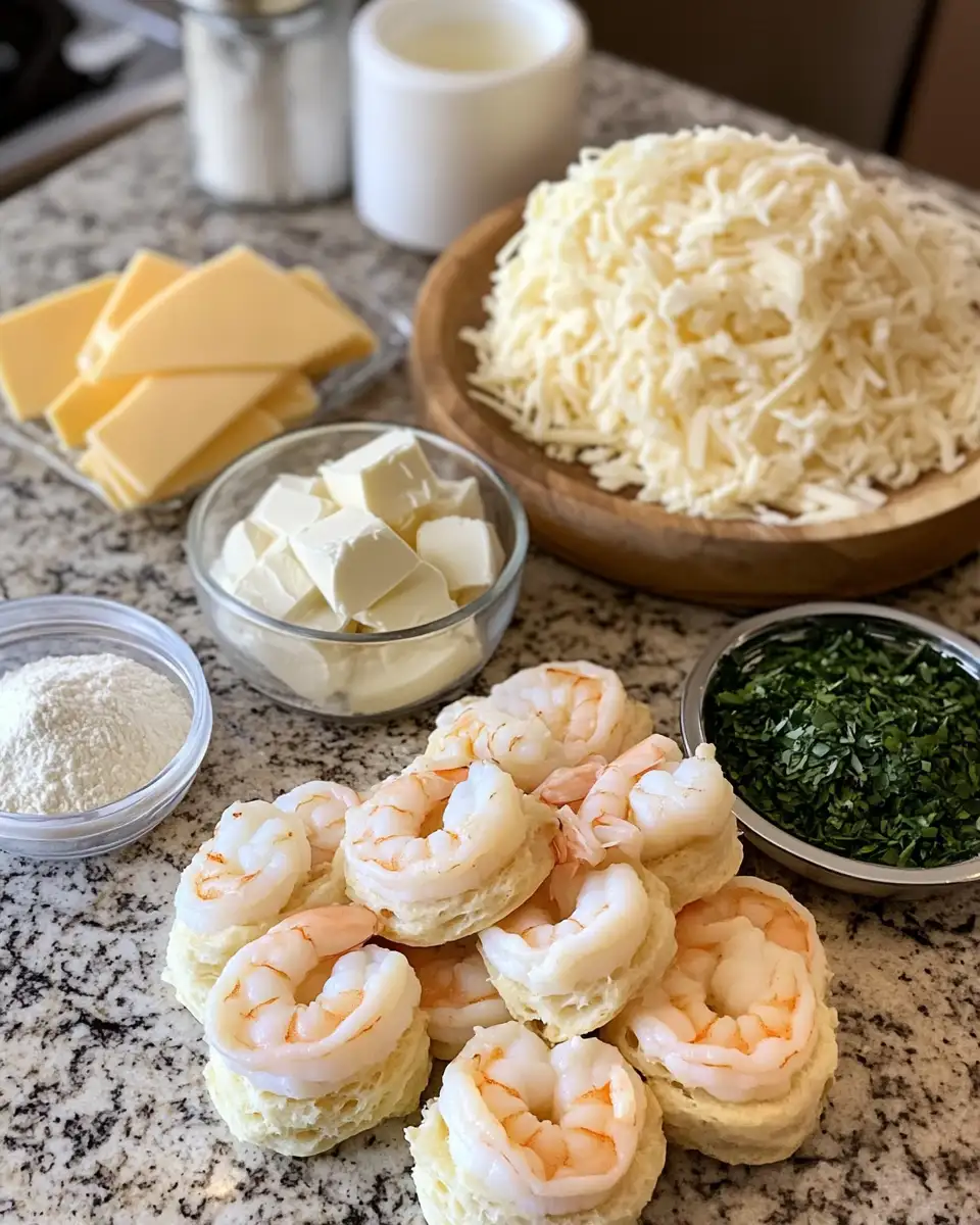 Melt-in-Your-Mouth Triple-Cheese Shrimp Alfredo Biscuit Stackers Extravaganza 4 Ingredients for Melt-in-Your-Mouth Triple-Cheese Shrimp Alfredo Biscuit Stackers Extravaganza