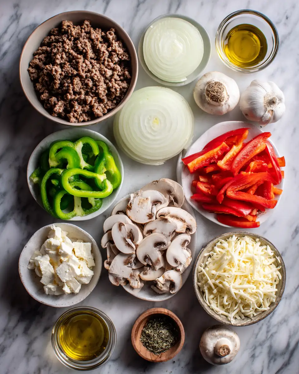 Ingredients for Ultimate Cheesy Low Carb Philly Cheesesteak Casserole Delight