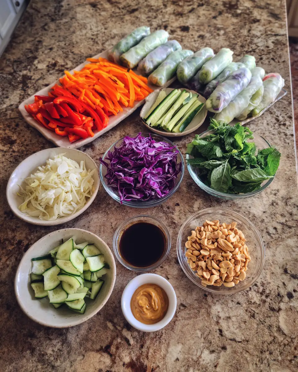 Crunchy Vegetable Spring Rolls with Irresistible Peanut Sauce 3 Ingredients for Crunchy Vegetable Spring Rolls with Irresistible Peanut Sauce