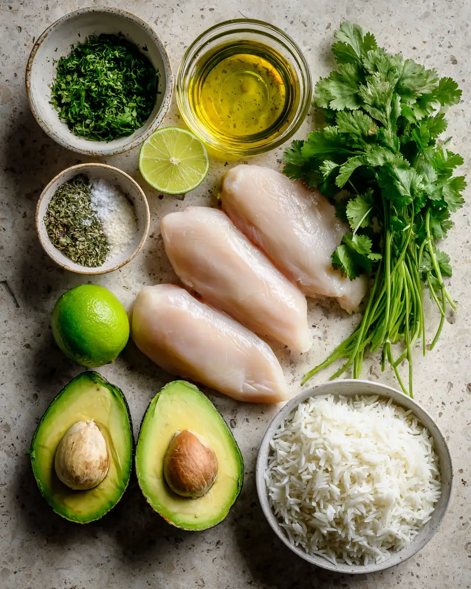 Zesty Cilantro Lime Chicken with Creamy Avocado and Fragrant Jasmine Rice Delight 4 Ingredients for Zesty Cilantro Lime Chicken with Creamy Avocado and Fragrant Jasmine Rice Delight