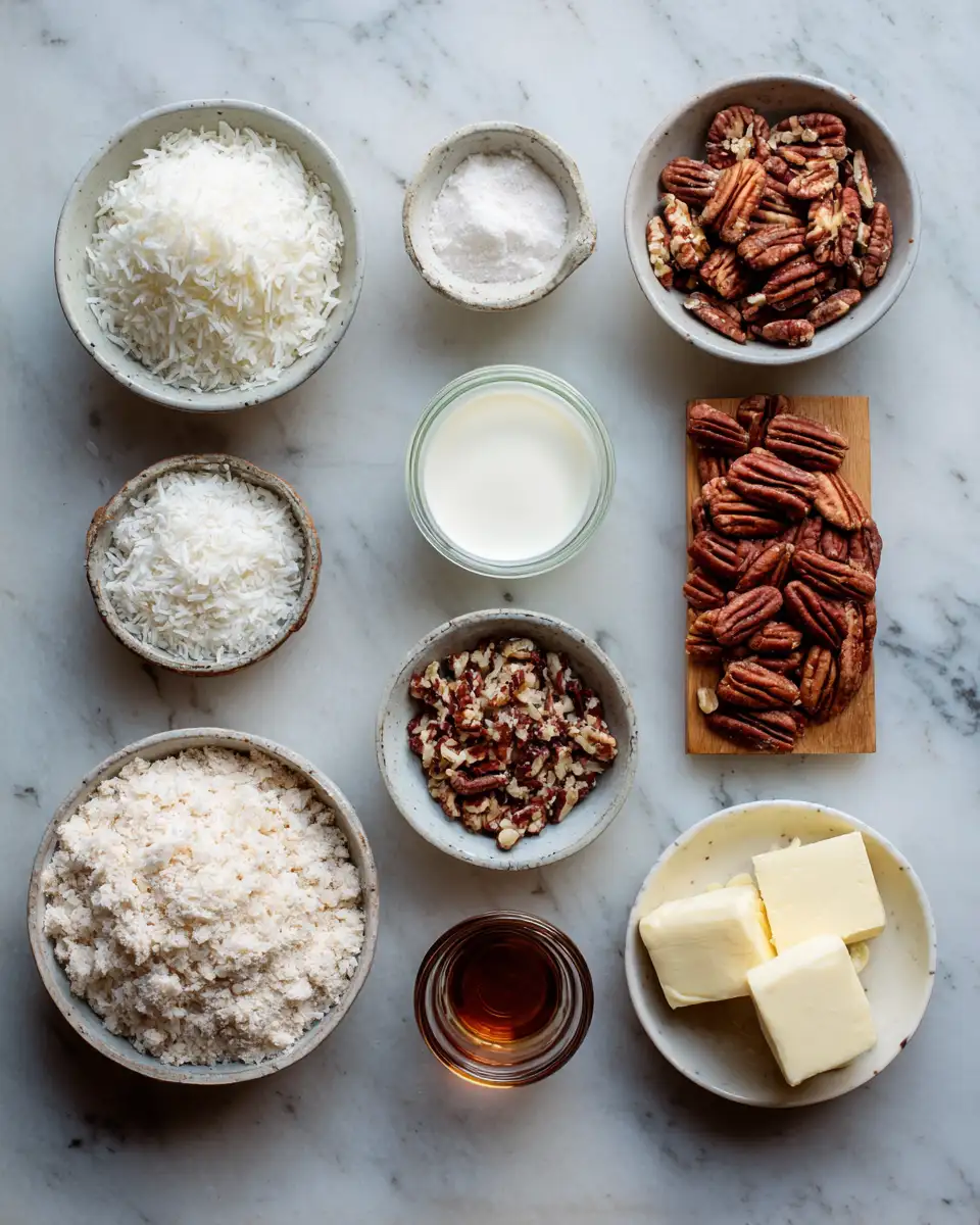 Ingredients for Irresistible No-Bake Coconut Pecan Praline Cookies: A Sweet Treat Made Easy