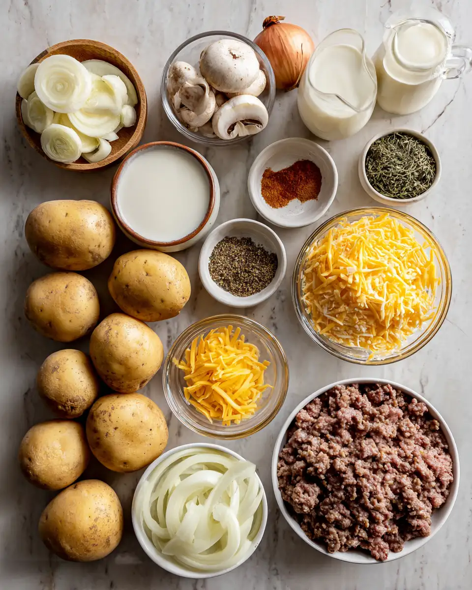 Ingredients for Melt-in-Your-Mouth Cheesy Hamburger Potato Casserole Delight