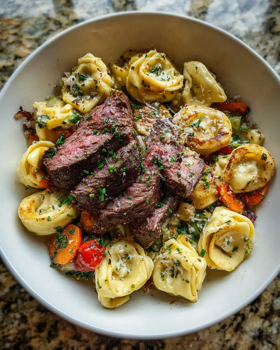 Final dish - Savor the Flavor: Cracked Garlic Steak Tortellini Delight