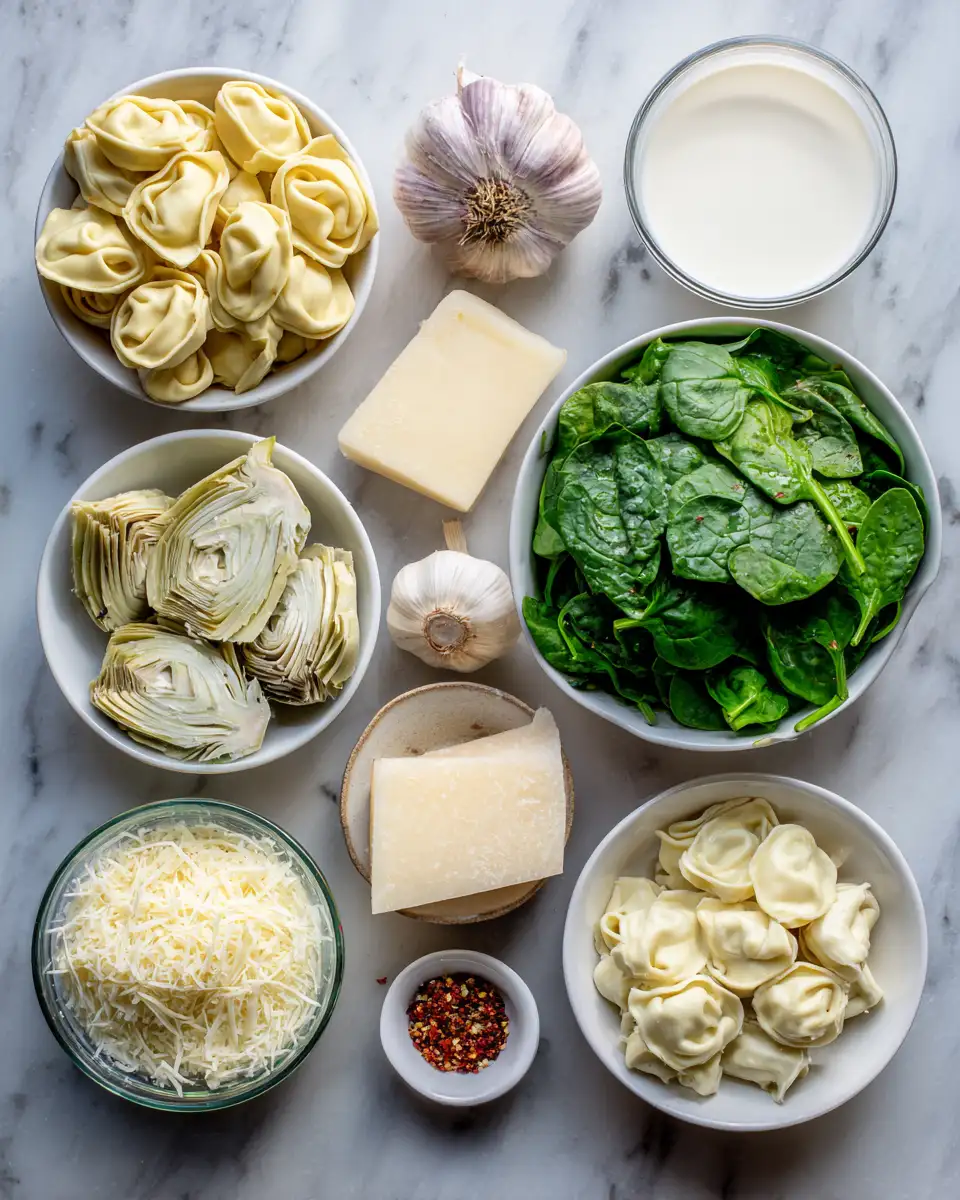 Irresistibly Creamy Spinach Artichoke Tortellini Bake Delight 3 Ingredients for Irresistibly Creamy Spinach Artichoke Tortellini Bake Delight