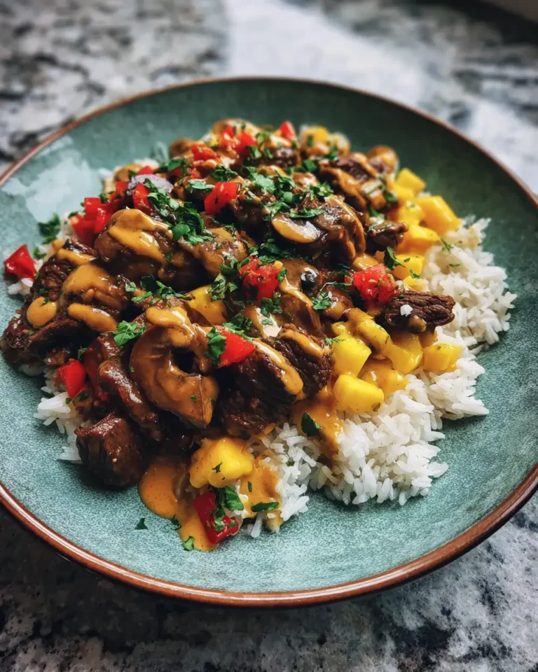 Exotic Flavors Unite: Curried Beef & Mushrooms with Peanut Sauce and Mango Salsa - Featured Image