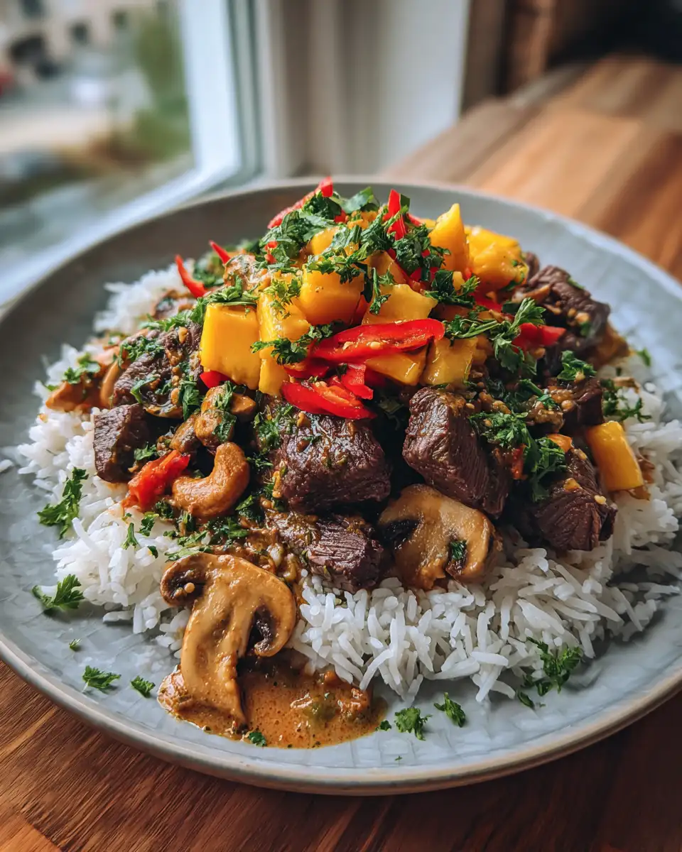 Exotic Flavors Unite: Curried Beef & Mushrooms with Peanut Sauce and Mango Salsa 6 Final dish - Exotic Flavors Unite: Curried Beef & Mushrooms with Peanut Sauce and Mango Salsa