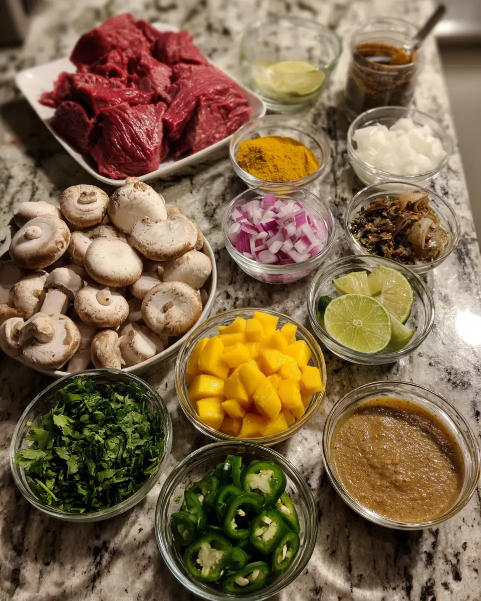 Exotic Flavors Unite: Curried Beef & Mushrooms with Peanut Sauce and Mango Salsa 4 Ingredients for Exotic Flavors Unite: Curried Beef & Mushrooms with Peanut Sauce and Mango Salsa